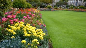 A lawn with colorful flowers and grass photo