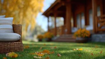 A wicker chair sits in front of a house photo