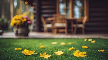 Autumn leaves on the lawn of a log cabin photo