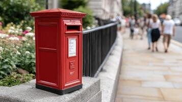 A red post box sitting on a sidewalk photo