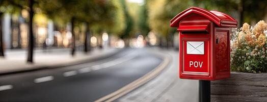 A red post box is sitting on the side of a street photo