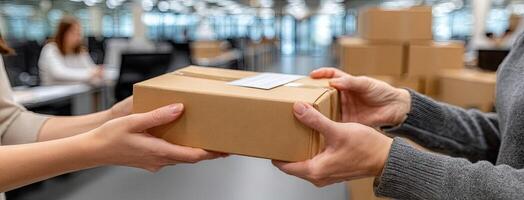 A man handing a package to another person in an office photo