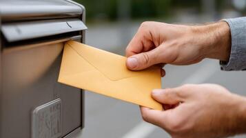 A person is putting an envelope into a mailbox photo