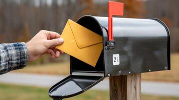 A person is holding an envelope out of a mailbox photo