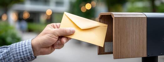 A hand is holding an envelope from a mailbox photo