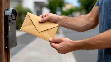 A man is holding an envelope from a mailbox photo