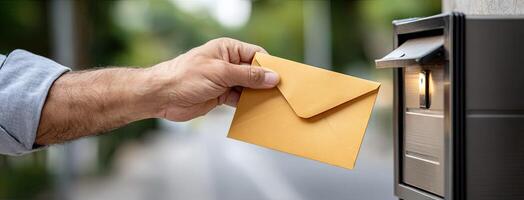 A hand is holding an envelope out of a mailbox photo