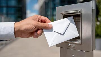 A hand is holding an envelope out of a mail box photo
