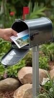 A person putting a picture in a mailbox photo