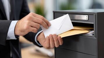 A man in a suit is holding an envelope out of a mailbox photo