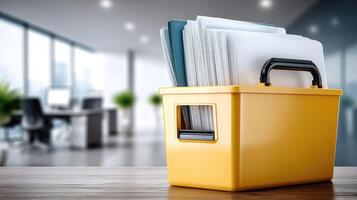 Yellow file box on wooden table with office interior photo