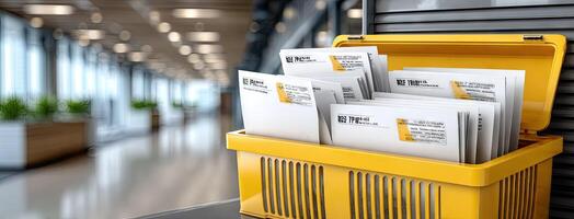 A yellow box with papers inside photo