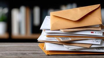 A stack of envelopes on a wooden table photo