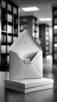 An open white envelope on a table in front of bookshelves photo