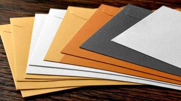 A stack of different colored envelopes on a table photo