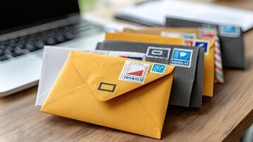 An envelope with a stamp on it sitting on a desk photo