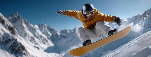 A man on a snowboard is jumping over a mountain photo