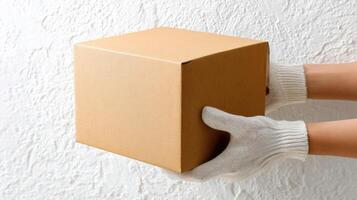 A person in gloves holding a cardboard box photo
