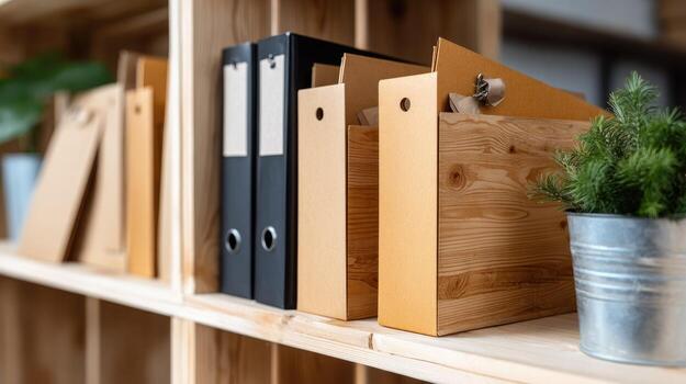 A shelf with several folders and a plant photo