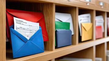 A wooden cabinet with many envelopes and papers photo