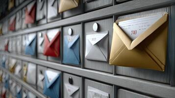 A row of mailboxes with envelopes on them photo