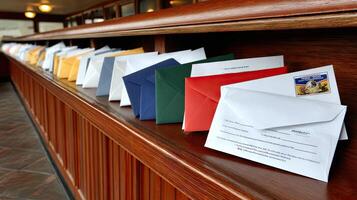 A row of envelopes on a shelf photo