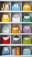 Many different colored envelopes are on a shelf photo