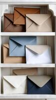 A shelf with several envelopes on it photo
