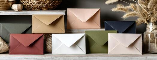 A variety of different colored envelopes on a shelf photo