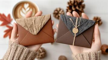 Two hands holding envelopes with coffee and leaves photo