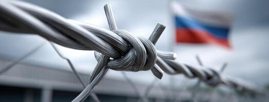 A close up of a barbed wire fence with a russian flag in the background photo