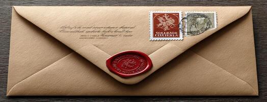 An envelope with a wax seal and stamp on it photo