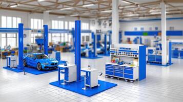 A blue car is sitting in the middle of a large auto repair shop photo