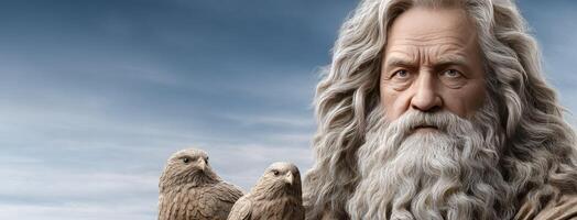 The hobbit movie poster with a man with long white hair and a bird photo