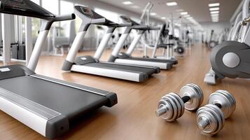 A gym room with tread machines and dumbbells photo
