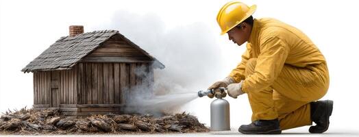 A man in yellow overalls spraying a fire extinguisher on a wooden house photo