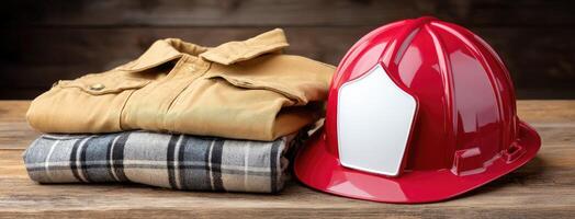 Fireman's hat and clothing on a wooden table photo