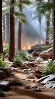 A forest scene with a fire in the middle photo