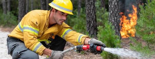 A firefighter is spraying water on a fire photo