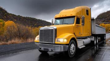 A yellow semi truck driving down a road photo