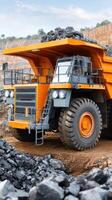 A large orange dump truck is driving through a mine photo