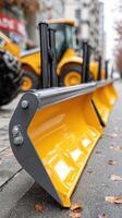 A row of yellow snow plows on the side of a street photo