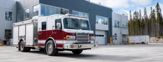 A red and white fire truck parked in front of a building photo