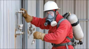 A man wearing a gas mask and holding a hose photo