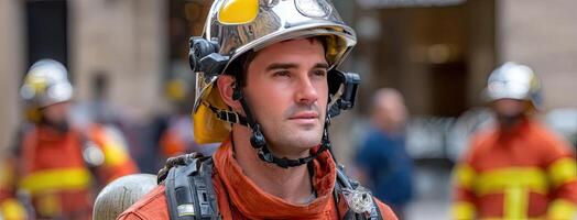 A firefighter wearing a helmet and a fireman's uniform photo