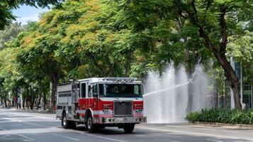 A fire truck spraying water on a street photo