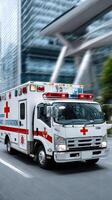 Ambulance on the road with blurred background photo
