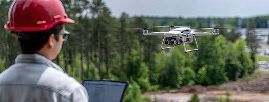 A man in a hard hat is looking at a drone photo