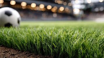 A soccer ball sits on the grass in front of a stadium photo