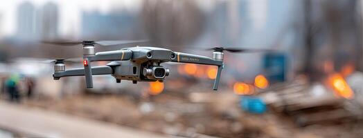 A small drone flying over a city street photo